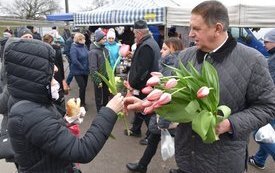 Burmistrza Miasta Płońsk wręcza tulipana kobiecie z okazji Dnia Kobiet