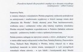 Pismo skierowane do Pana Jakuba Rogowskiego w podziękowaniu za uszycie maseczek ochronnych