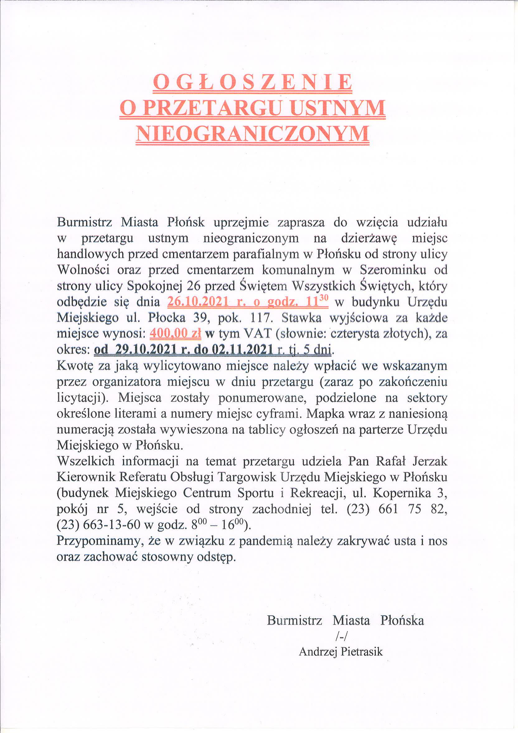 ogłoszenie o przetargu ustnym nieograniczonym
