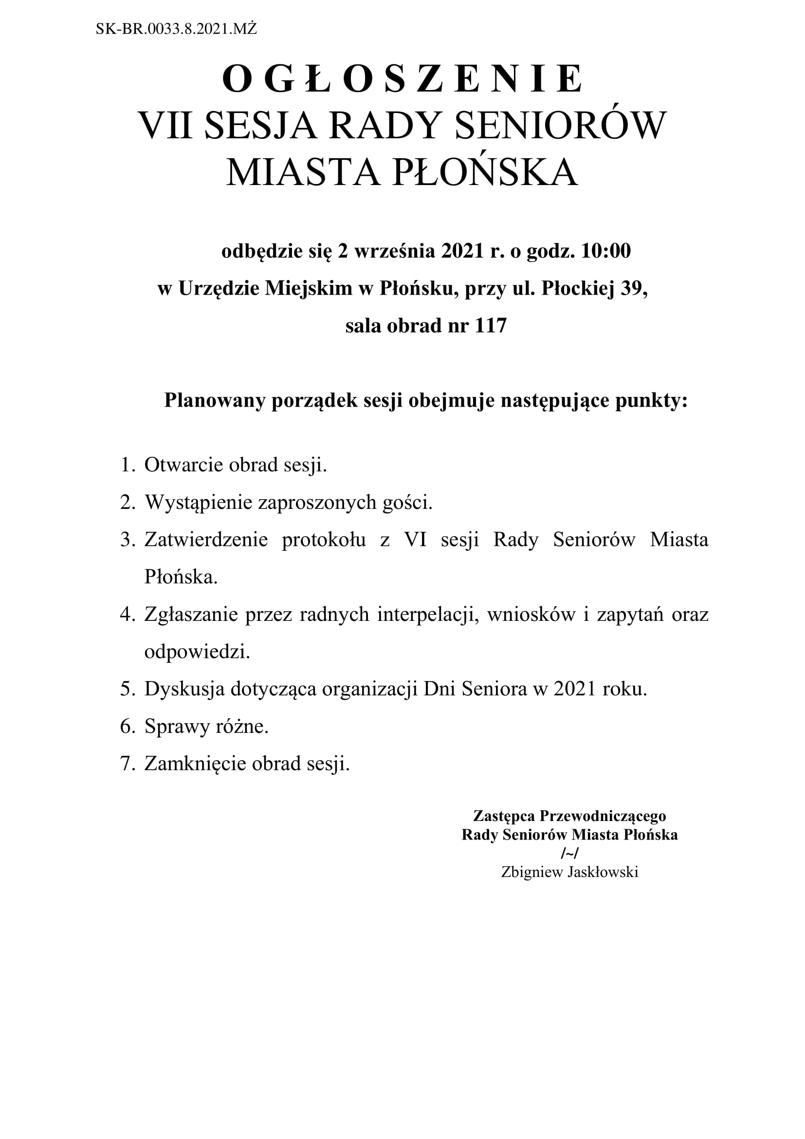 ogłoszenie VII sesja Rady Seniorów Miasta Płońska