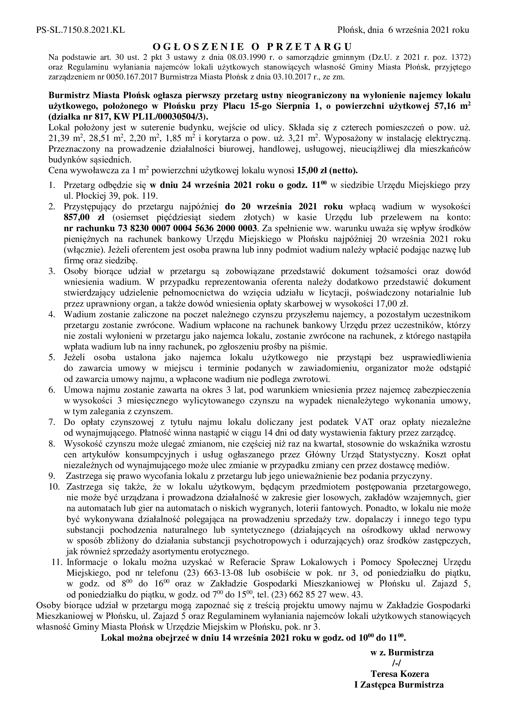 Ogłoszenie o przetargu - Plac 15-go Sierpnia 1