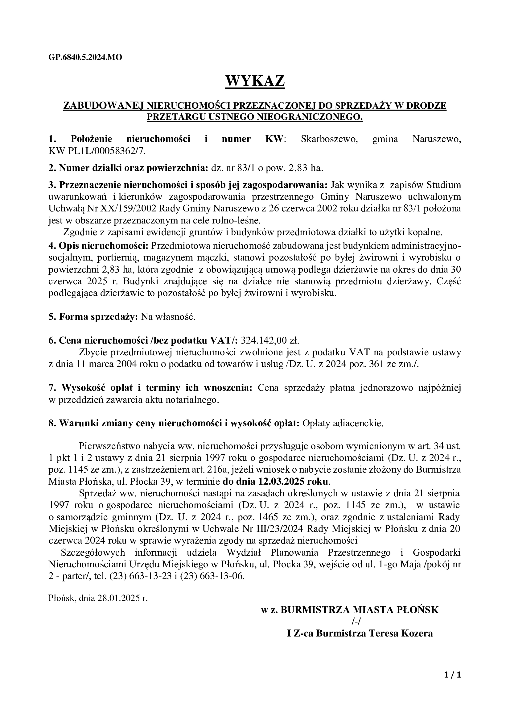 WYKAZ   ZABUDOWANEJ NIERUCHOMOŚCI PRZEZNACZONEJ DO SPRZEDAŻY W DRODZE PRZETARGU USTNEGO NIEOGRANICZONEGO