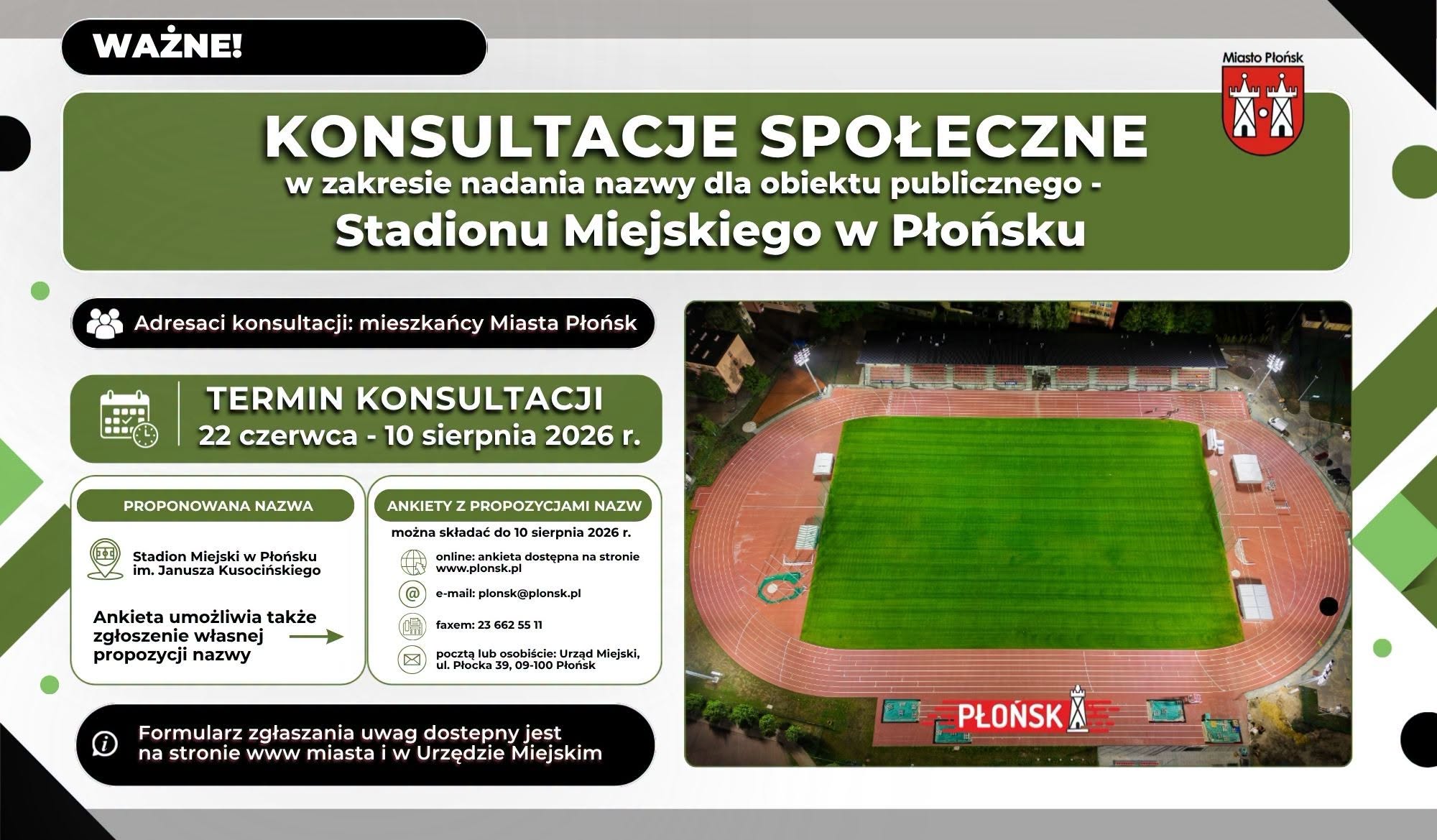 Infografika dot. konsultacji społecznych ws. nadania nazwy Stadionu Miejskiego w&nbsp;Płońsku