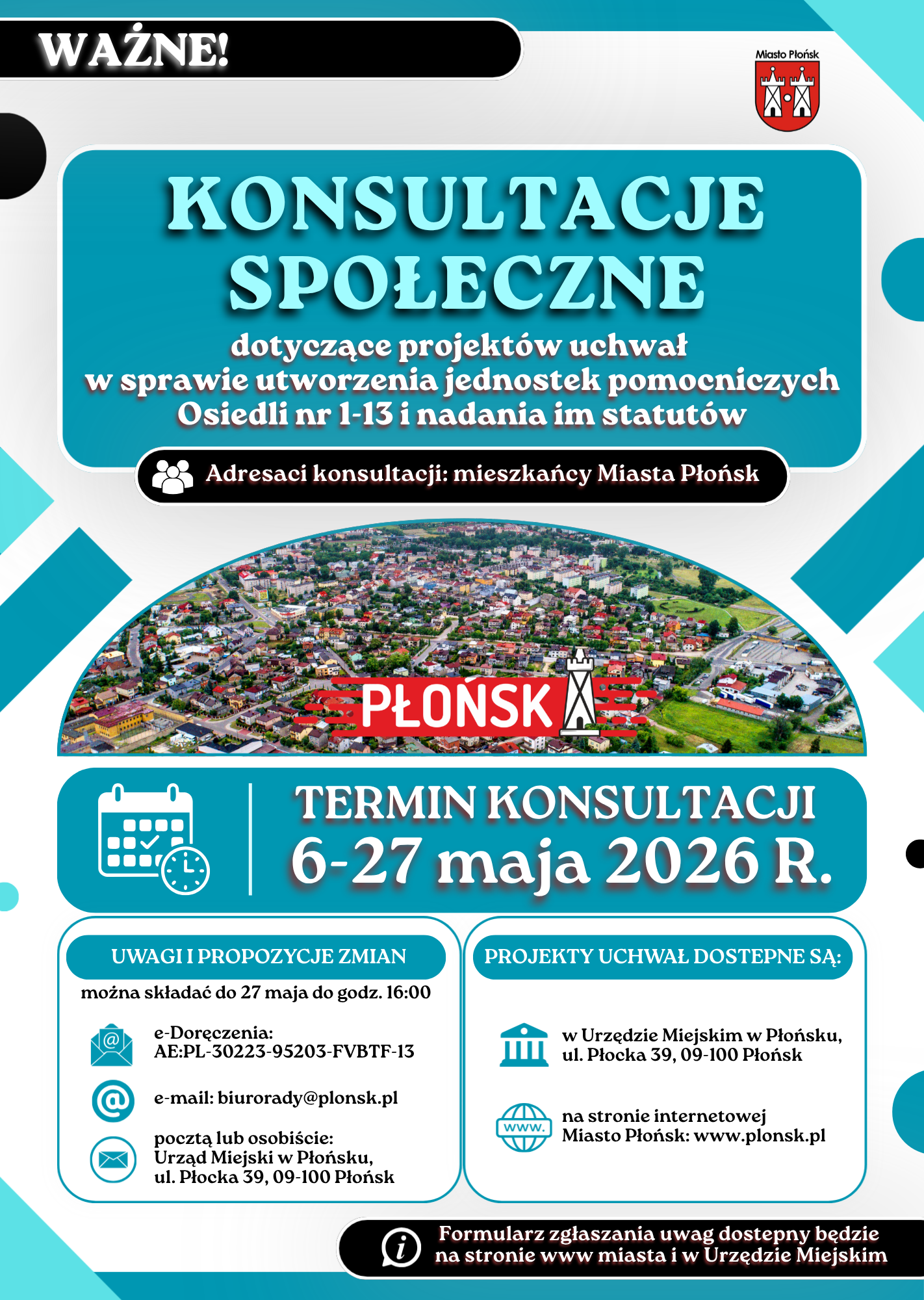 Konsultacje społeczne dotyczące projektów uchwał w sprawie utworzenia jednostek pomocniczych osiedli numer od 1 do 13 i nadania im statutów