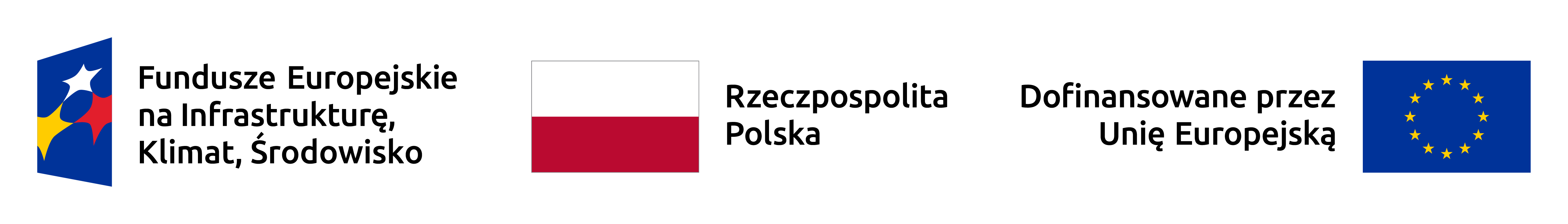 Logotypy: Fundusze Europejskie na Infrastrukturę, Klimat, Środowisko oraz Rzeczpospolita Polska oraz Dofinansowane przez Unię Europejską