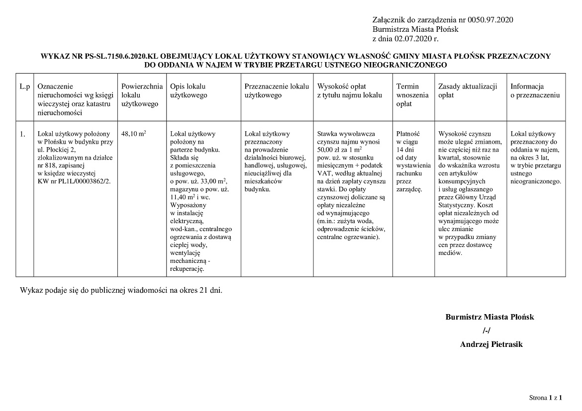 WYKAZ NR PS-SL.7150.6.2020.KL OBEJMUJĄCY LOKAL UŻYTKOWY STANOWIĄCY WŁASNOŚĆ GMINY MIASTA PŁOŃSK PRZEZNACZONY  DO ODDANIA W NAJEM W TRYBIE PRZETARGU USTNEGO NIEOGRANICZONEGO 