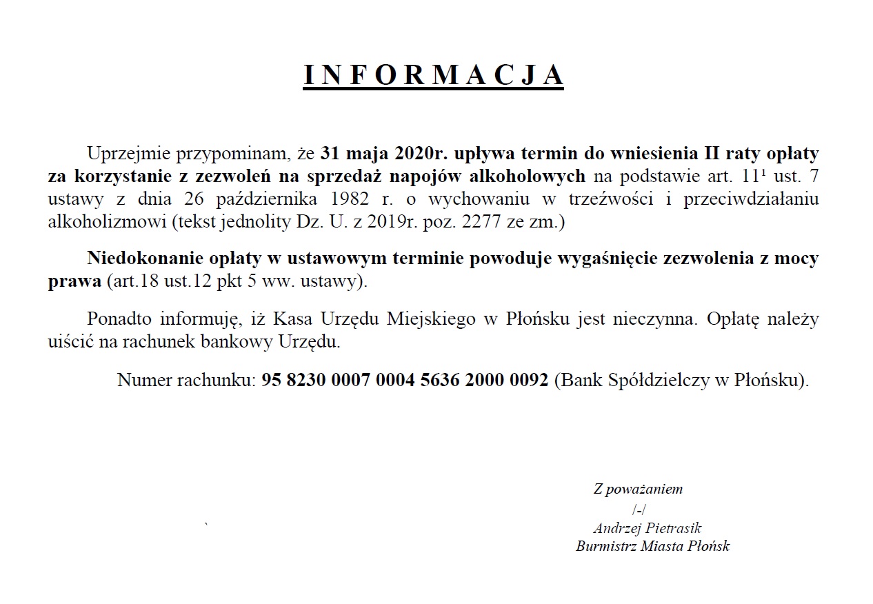 Informaja o upłuwie terminu do wniesienia drugiej raty opłaty za korzystanie z zezwoleń na sprzedaż napojów alkoholowych 