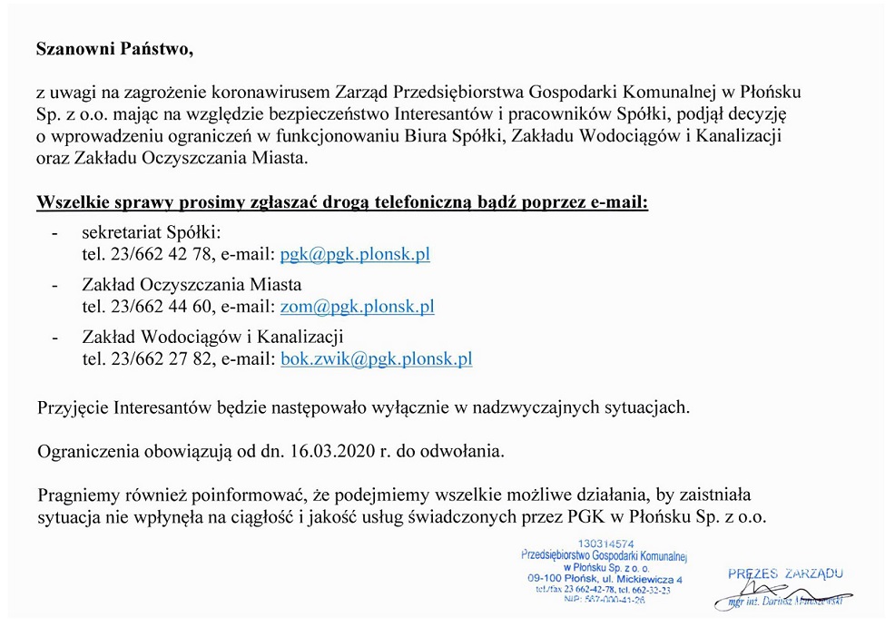 Komunikat dotyczący funkcjonowania PGK