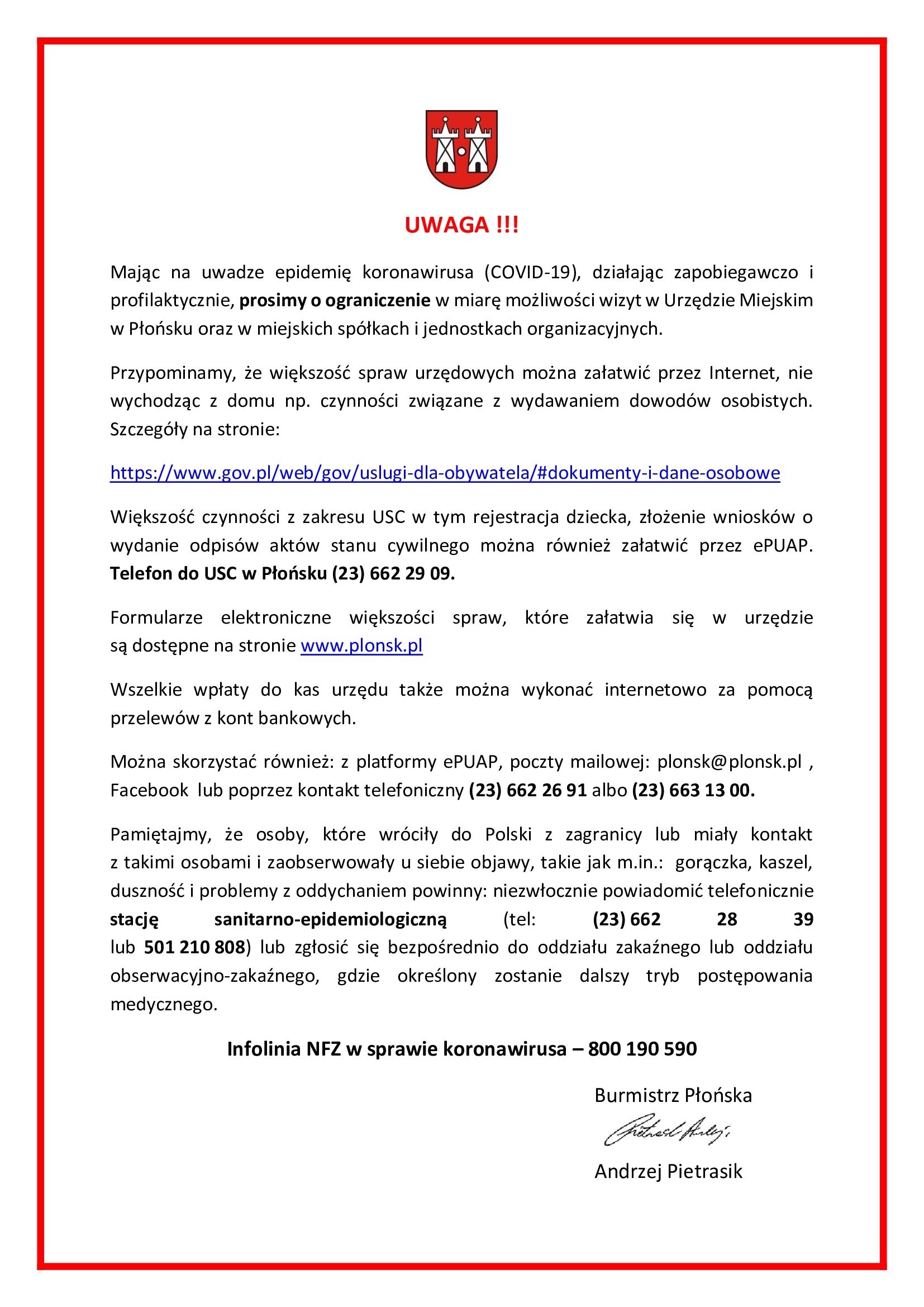 Komunikat w sprawie funkcjonowania Urzędu Miejskiego w związku z rozprzestrzenianiem się koronawirusa