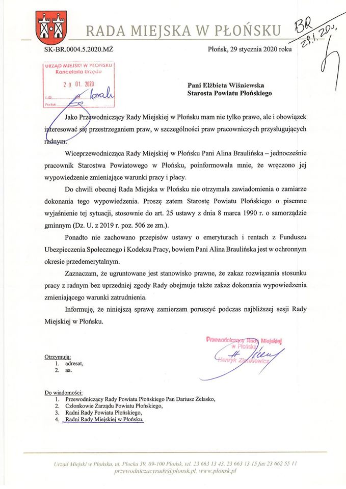 Pismo Przewodniczącego Rady Miejskiej w Płońsku Pana Henryka Zienkiewicza z 29 stycznia 2020 r