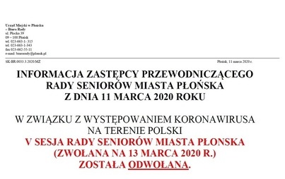 Zdjęcie do Informacja dotycząca odwołania V sesji Rady Senior&oacute;w Miasta Płońska