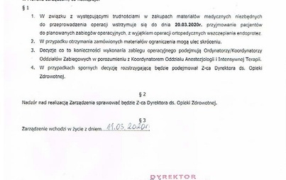 Zdjęcie do Zarządzenie Dyrektora SPZZOZ w sprawie wstrzymania planowych zabieg&oacute;w operacyjnych