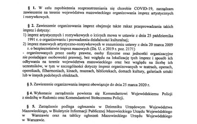 Zdjęcie do Zarządzenie Wojewody Mazowieckiego w sprawie zawieszenia organizowania imprez artystycznych i rozrywkowych na terenie wojew&oacute;dztwa mazowieckiego