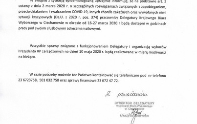 Zdjęcie do Komunikat dotyczący funkcjonowania Delegatury Krajowego Biura Wyborczego w Ciechanowie