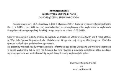 Zdjęcie do Zawiadomienie Burmistrza Miasta Płońsk o sporządzeniu spisu wyborc&oacute;w