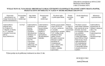 Zdjęcie do WYKAZ NR PS-SL.7123.8.2020.KL OBEJMUJĄCY LOKAL UŻYTKOWY STANOWIĄCY WŁASNOŚĆ GMINY MIASTA PŁOŃSK  PRZEZNACZONY DO ODDANIA W NAJEM W TRYBIE BEZPRZETARGOWYM