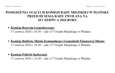Zdjęcie do POSIEDZENIA STAŁYCH KOMISJI RADY MIEJSKIEJ W PŁOŃSKU PRZED III SESJĄ RADY ZWOŁANĄ NA 20 CZERWCA 2024 ROKU