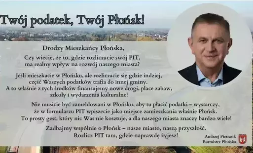 Zdjęcie do Burmistrz Miasto Płońsk Andrzej Pietrasik zachęca do rozliczenia podatku w Płońsku &nbsp;&nbsp;