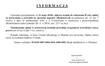 Zdjęcie do Przypomnienie o wniesieniu II raty opłaty za korzystanie z zezwoleń na sprzedaż napoj&oacute;w alkoholowych w roku 2020