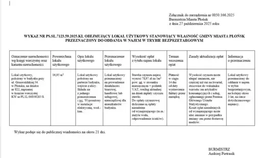 Zdjęcie do WYKAZ NR PS.SL.7123.59.2025.KL OBEJMUJĄCY LOKAL UŻYTKOWY STANOWIĄCY WŁASNOŚĆ GMINY MIASTA PŁOŃSK PRZEZNACZONY DO ODDANIA W NAJEM W TRYBIE BEZPRZETARGOWYM - ulica Grunwaldzka 34