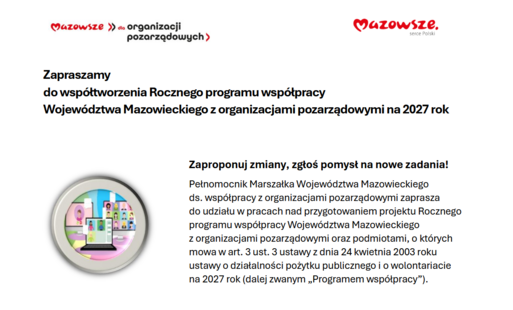 Zdjęcie do Zapraszamy do wsp&oacute;łtworzenia Rocznego programu wsp&oacute;łpracy Wojew&oacute;dztwa Mazowieckiego z organizacjami pozarządowymi na 2027 rok