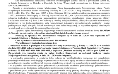 Zdjęcie do Ogłoszenie o przetargu ustnym nieograniczonym na sprzedaż zabudowanej  nieruchomości  gruntowej przy ulicy Płockiej