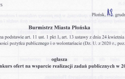 Zdjęcie do Ogłoszenie  Burmistrza Miasta Płońska dotyczącego otwartego konkursu ofert na wsparcie realizacji zadań publicznych w 2021 roku