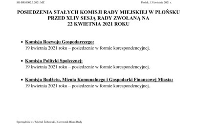 Zdjęcie do Posiedzenia Stałych Komisji Rady Miejskiej w Płońsku przed XLIV sesją rady zwołaną na 22 kwietnia 2021 r.