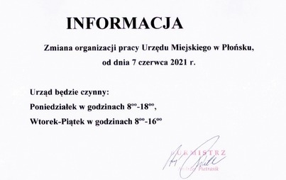 Zdjęcie do Zmiana organizacji pracy Urzędu Miejskiego w Płońsku od dnia 7 czerwca 2021 r.