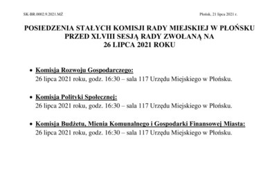 Zdjęcie do Posiedzenia Stałych Komisji Rady Miejskiej w Płońsku przed XLVIII sesją rady zwołaną na 26 lipca 2021 r.