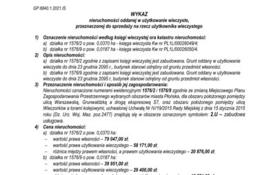 Zdjęcie do Wykaz nieruchomości oddanej w użytkowanie wieczyste, przeznaczonej do sprzedaży na rzecz użytkownika wieczystego
