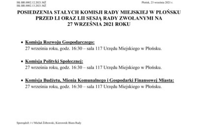 Zdjęcie do Posiedzenia Stałych Komisji Rady Miejskiej w Płońsku przed LI oraz LII sesją rady zwołanymi na 27 września 2021 r.