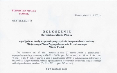 Zdjęcie do Ogłoszenie Burmistrza Miasta Płońsk o podjęciu uchwały w sprawie przystąpienia do sporządzenia zmiany Miejscowego Planu Zagospodarowania Przestrzennego Miasta Płońsk