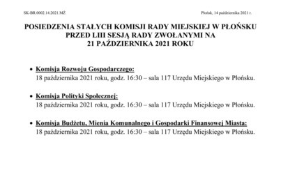 Zdjęcie do POSIEDZENIA STAŁYCH KOMISJI RADY MIEJSKIEJ W PŁOŃSKU PRZED LIII SESJĄ RADY ZWOŁANYMI NA 21 PAŹDZIERNIKA 2021 R.