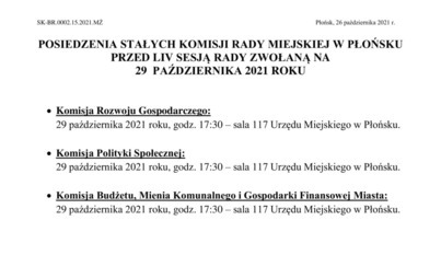 Zdjęcie do Posiedzenia Stałych Komisji Rady Miejskiej w Płońsku przed LIV sesją rady zwołaną na 29 października 2021 r.
