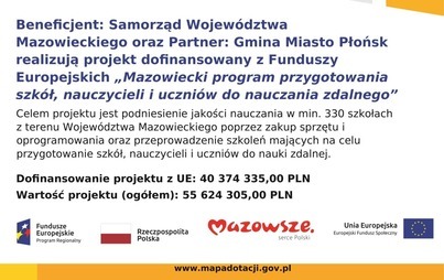 Zdjęcie do Projekt pn. "Mazowiecki program przygotowania szk&oacute;ł, nauczycieli i uczni&oacute;w do nauczania zdalnego"