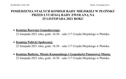 Zdjęcie do Posiedzenia Stałych Komisji Rady Miejskiej w Płońsku przed LVI  sesją rady zwołaną na 25 listopada 2021 r.