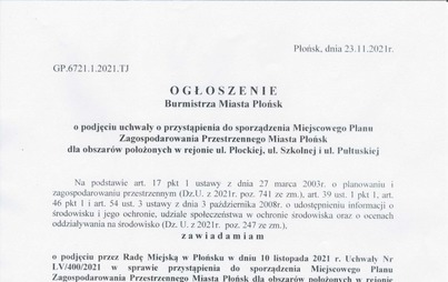 Zdjęcie do Ogłoszenie Burmistrza Miasta Płońsk 