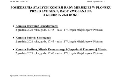 Zdjęcie do Posiedzenia Stałych Komisji Rady Miejskiej w Płońsku przed LVII  sesją rady zwołaną na 2 grudnia 2021 r.