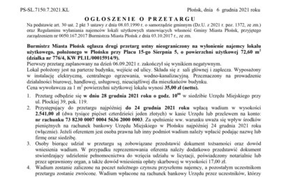 Zdjęcie do Burmistrz Miasta Płońsk ogłasza drugi przetarg ustny nieograniczony na wyłonienie najemcy lokalu użytkowego, położonego w Płońsku przy Placu 15-go Sierpnia 5