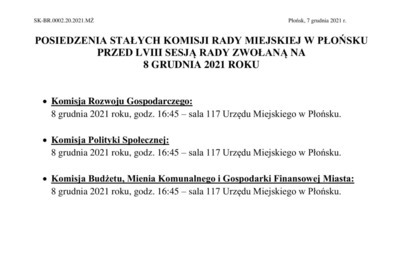 Zdjęcie do Posiedzenia Stałych Komisji Rady Miejskiej w Płońsku przed LVIII  sesją rady zwołaną na 8 grudnia 2021 r.