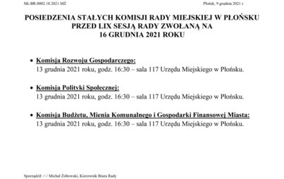 Zdjęcie do Posiedzenia Stałych Komisji Rady Miejskiej w Płońsku przed LIX  sesją rady zwołaną na 16 grudnia 2021 r.
