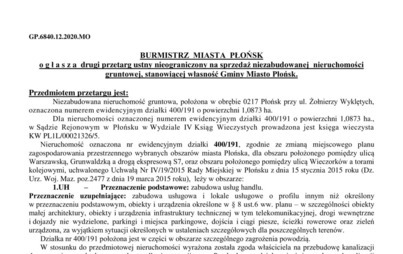 Zdjęcie do Drugi przetarg ustny nieograniczony na sprzedaż niezabudowanej nieruchomości gruntowej, stanowiącej własność Gminy Miasto Płońsk