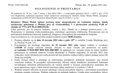 Zdjęcie do Przetarg ustny nieograniczony na wyłonienie najemcy lokalu użytkowego, położonego w Płońsku przy ul. Grunwaldzkiej 7