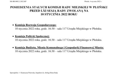 Zdjęcie do Posiedzenia Stałych Komisji Rady Miejskiej w Płońsku przed LXI  sesją rady zwołaną na 10 stycznia 2022 r.
