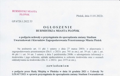 Zdjęcie do Ogłoszenie o podjęciu uchwały o przystąpieniu do sporządzenia zmiany Studium Uwarunkowań i Kierunk&oacute;w Zagospodarowania Przestrzennego Miasta Płońsk