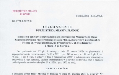 Zdjęcie do Ogłoszenie o podjęciu uchwały o przystąpieniu do sporządzenia Miejscowego Planu Zagospodarowania Przestrzennego Miasta Płońsk