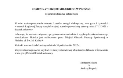 Zdjęcie do  KOMUNIKAT URZĘDU MIEJSKIEGO W PŁOŃSKU - DODATEK OSŁONOWY 