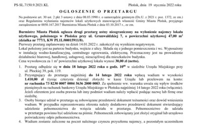 Zdjęcie do Drugi przetarg ustny nieograniczony na wyłonienie najemcy lokalu użytkowego, położonego w Płońsku przy ul. Grunwaldzkiej 7