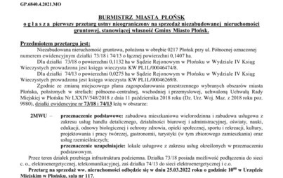 Zdjęcie do Pierwszy przetarg ustny nieograniczony na sprzedaż niezabudowanej  nieruchomości  gruntowej, stanowiącej własność Gminy Miasto Płońsk